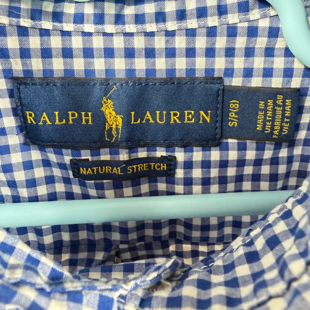 Ralph Lauren Button Down Shirt Kids Sz 8 Blue Gingham Polo Pony Natural Stretch